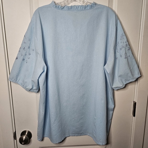 Light Blue Embroidered Boho Peasant Blouse XL Cottagecore Floral Top - Picture 3 of 7